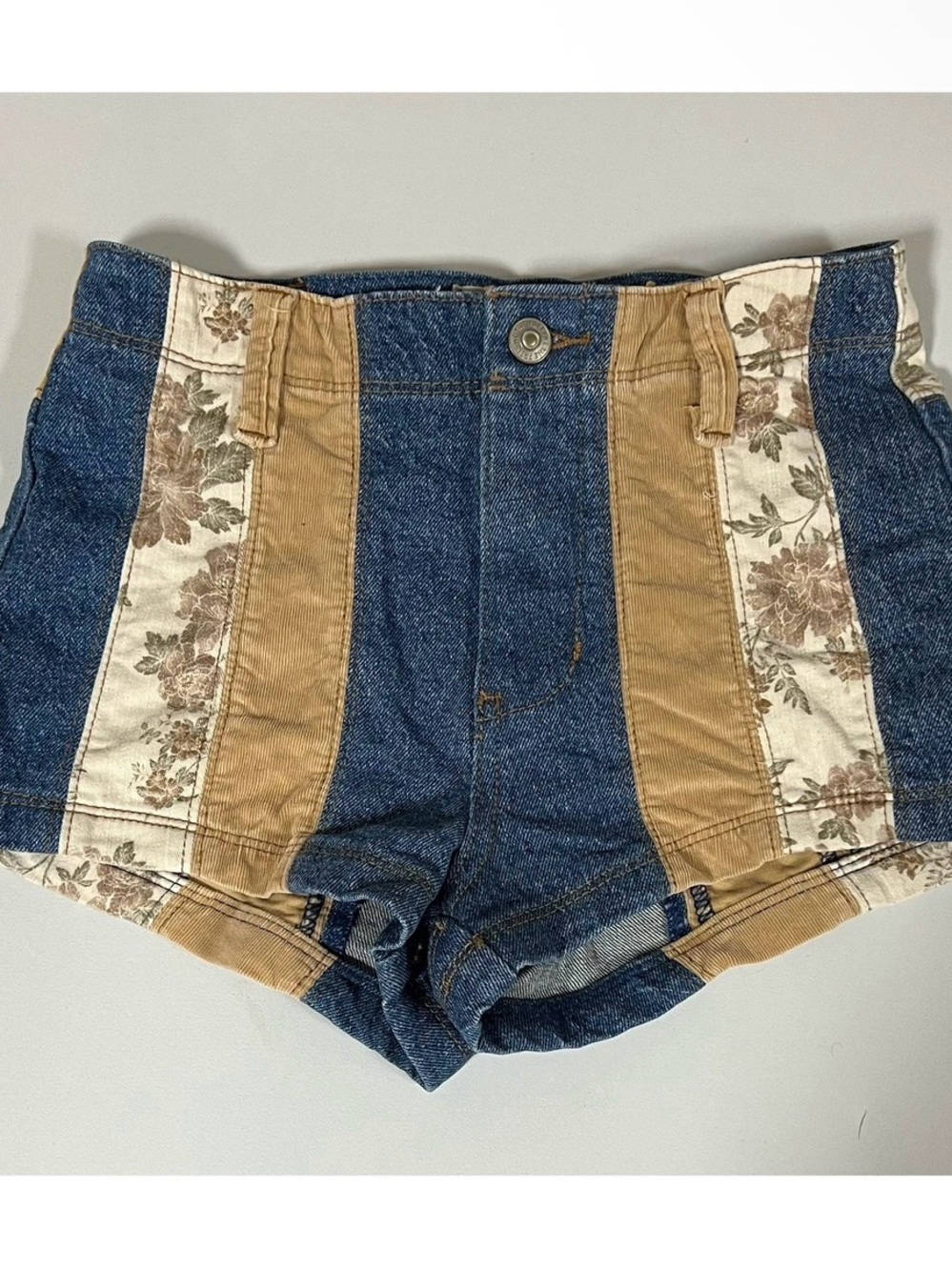 Free People Blue Tan Beige Floral Corduroy Jean Denim Shorts Bottoms Size 24 🤎✨